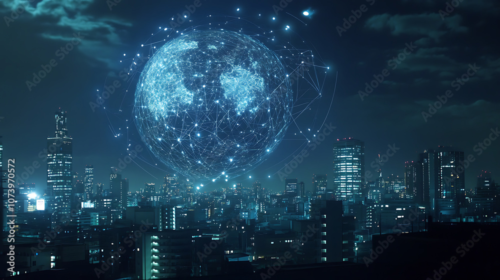 A digital globe with connecting dots and lines representing global connectivity, against the backdrop of a nighttime cityscape A digital globe with connecting dots and lines representing global connectivity, against the backdrop of a nighttime cityscape