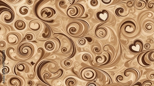 Cute brown and beige swirls with hearts background