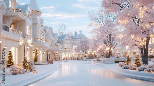 Cozy Christmas town adorned with glowing lights and snow-covered streets during a serene winter evening photo