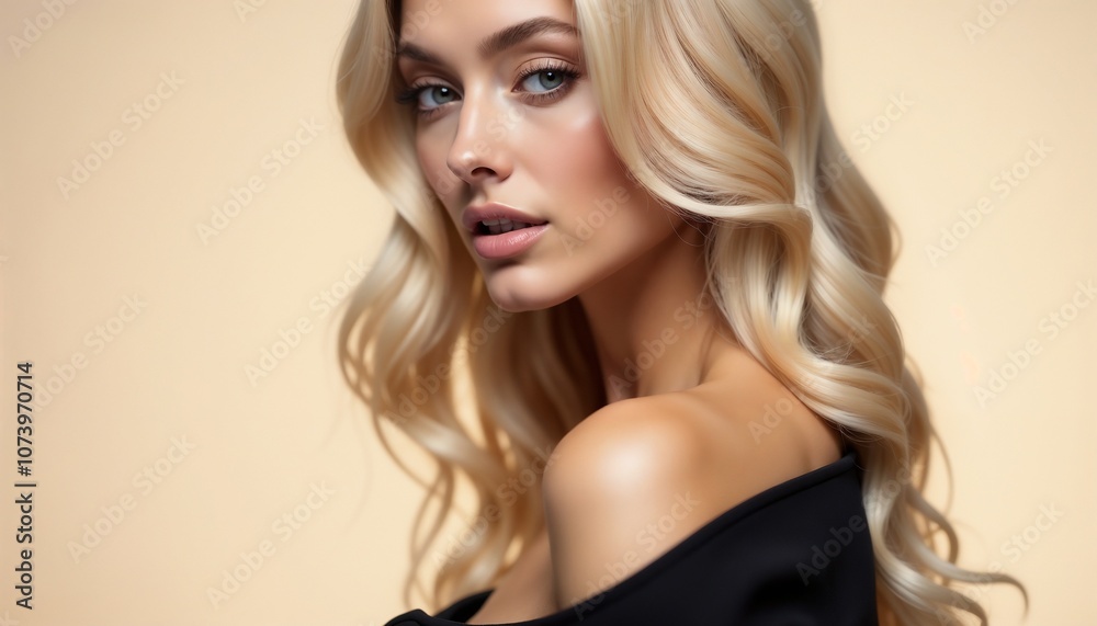 Naklejka premium A beautiful woman with long, wavy hair and natural makeup poses gracefully against a soft beige background, exuding elegance and sophistication. Her expression is serene and confident.