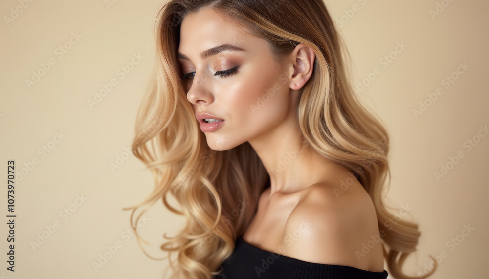 Naklejka premium A beautiful woman with long, wavy hair and natural makeup poses gracefully against a soft beige background, exuding elegance and sophistication. Her expression is serene and confident.