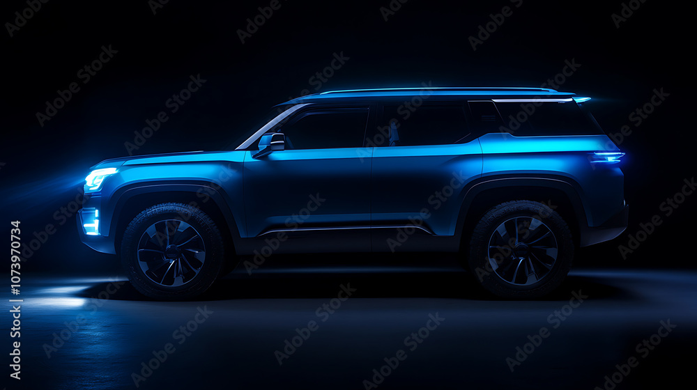 A blue SUV car with its headlights on is illuminated against the dark background, creating an atmospheric effect A blue SUV car with its headlights on is illuminated against the dark background, creating an atmospheric effect
