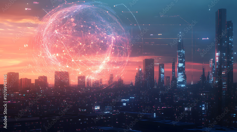 A digital globe with global network connections and a cityscape background, representing the concept of connectivity in business A digital globe with global network connections and a cityscape background, representing the concept of connectivity in business