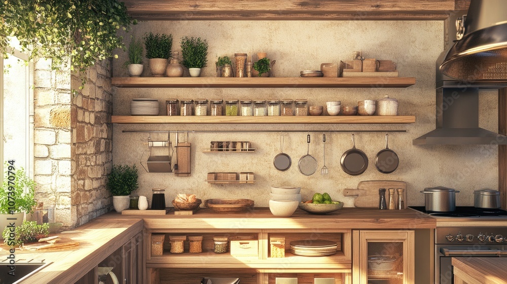 Rustic Kitchen with Wooden Open Shelves and Natural Accents Rustic Kitchen with Wooden Open Shelves and Natural Accents
