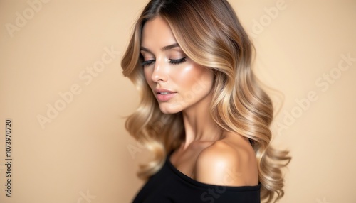 A beautiful woman with long, wavy hair and natural makeup poses gracefully against a soft beige background, exuding elegance and sophistication. Her expression is serene and confident.

