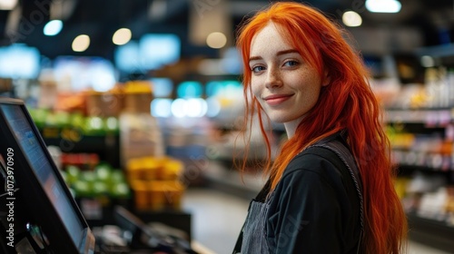 Smiling Cashier with Red Hair in a Grocery Store