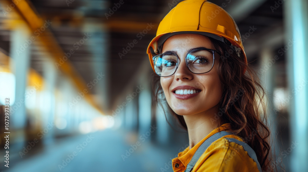 Young woman wearing a hard hat and glasses smiles confidently at a construction site during daylight hours Young woman wearing a hard hat and glasses smiles confidently at a construction site during daylight hours