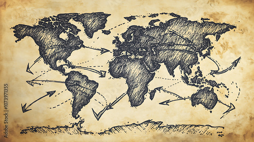Fototapeta Naklejka Na Ścianę i Meble -  A hand-drawn map of the world with arrows indicating global trade routes, representing international information exchange between different areas