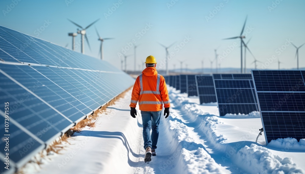 Worker walks through snow covered solar panels field. Man in yellow hard hat and orange jacket. Green energy tech. Engineer at renewable energy plant. Sustainable electricity source.