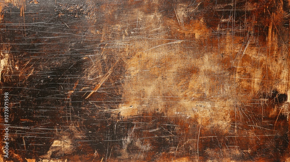 Obraz premium This image showcases a textured abstract background featuring warm brown and black tones with scratches, creating a dynamic and artistic feel.