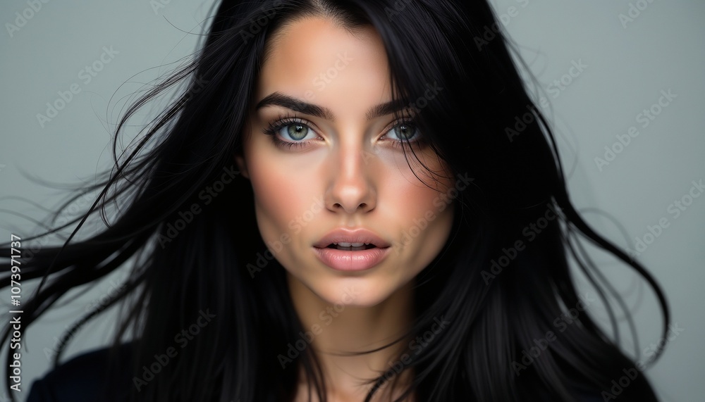 Naklejka premium A striking portrait of a woman with long, flowing dark hair, gazing confidently at the camera. The image conveys elegance, confidence, and beauty against a neutral background.