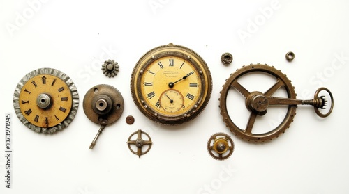 Vintage Watch Parts and Gears Arranged Intricately on White Background