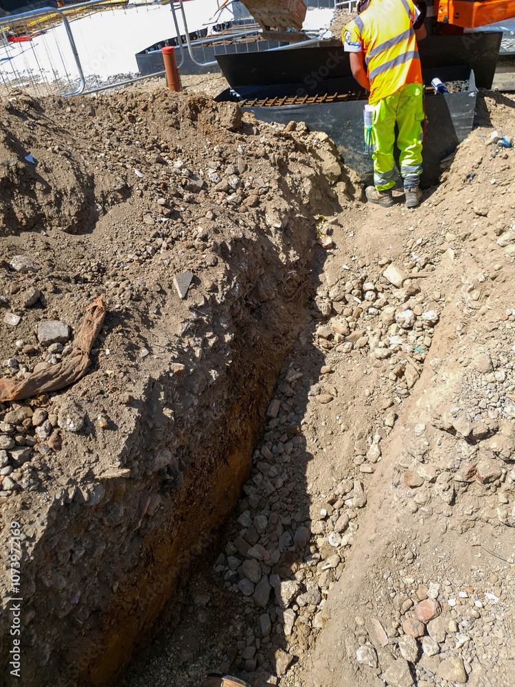 Construction worker and excavator performing trench excavation and site preparation for foundation digging. Ground compaction, soil stabilization, and erosion control on construction site.