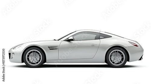 A silver car, side view on white background with copy space