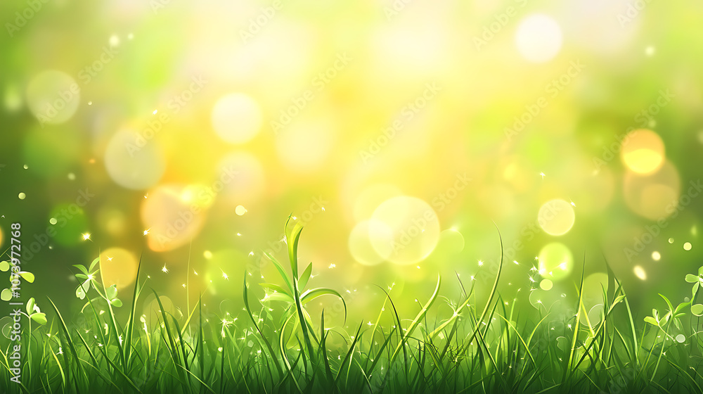 Obraz premium Abstract blurred spring background with bokeh light effect and green grass in sunlight Blurred nature landscape with sun rays