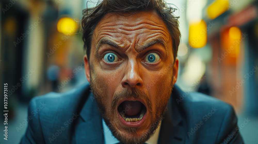 A man in a suit expresses intense anger on a city street during sunset, showcasing raw emotion amidst urban surroundings A man in a suit expresses intense anger on a city street during sunset, showcasing raw emotion amidst urban surroundings