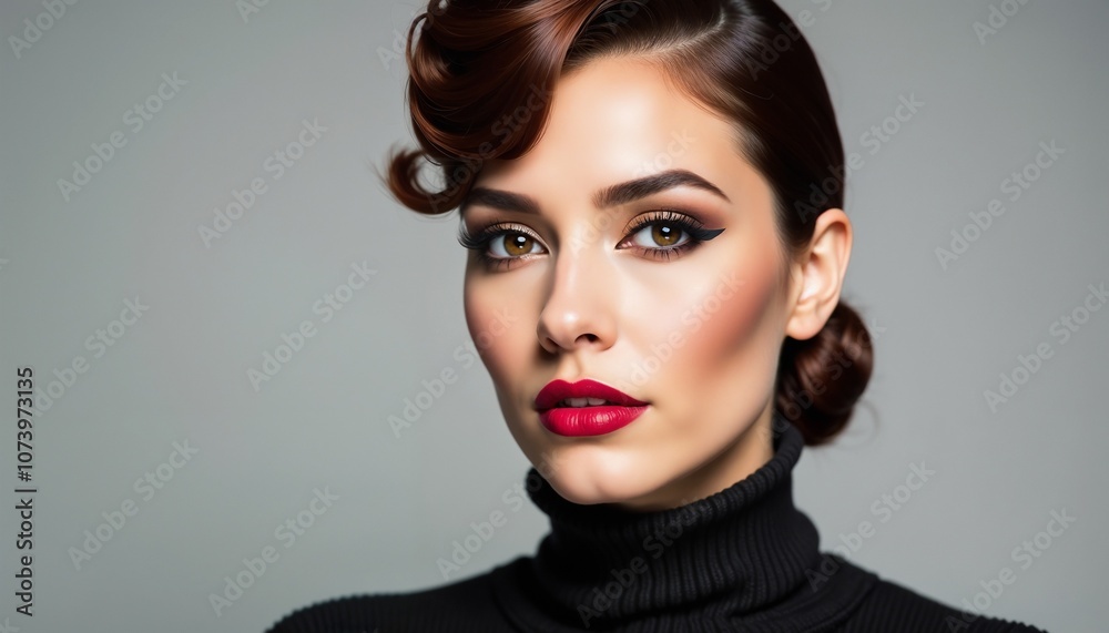 Portrait of a confident woman with bold makeup, red lips, and a chic hairstyle against a neutral background, exuding elegance and sophistication. Perfect for beauty, fashion, or cosmetic themes. Portrait of a confident woman with bold makeup, red lips, and a chic hairstyle against a neutral background, exuding elegance and sophistication. Perfect for beauty, fashion, or cosmetic themes.