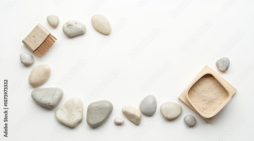 Smooth Pebbles, Mini Rakes, and Sand Tray on White Background Smooth Pebbles, Mini Rakes, and Sand Tray on White Background