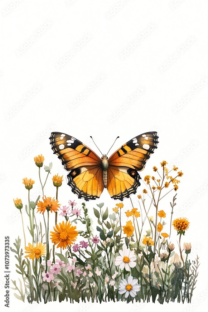 Vibrant butterfly with colorful wings resting on blooming wildflowers. Vibrant butterfly with colorful wings resting on blooming wildflowers.