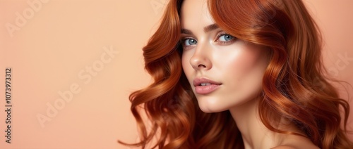 Elegant portrait of a woman showcasing her vibrant auburn wavy hair. The warm colors and graceful curls create a feeling of beauty and sophistication.