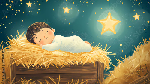 Newborn baby in wooden manger with hay, bright star overhead, rustic stable. Rustic. Illustration