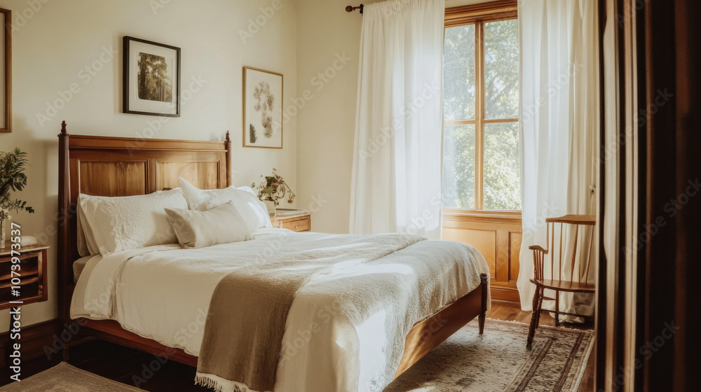 Fototapeta premium A serene bedroom featuring natural light, a cozy bed, and inviting decor in a tranquil setting during daylight hours