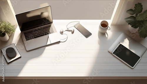 top view of desktop of modern white desk with flat lay of laptop computer smartphone earphone in sunlight from window for home office working product background 3d
