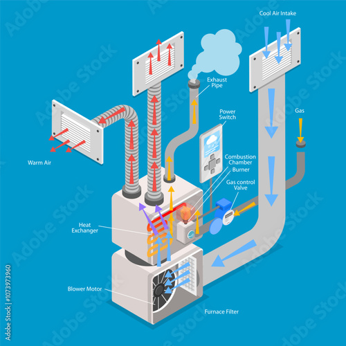 3D Isometric Flat Vector Illustration of Furnace Structure, Educational Diagram