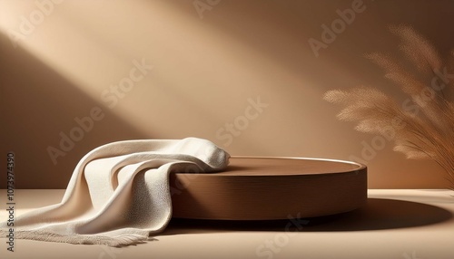 round brown podium table with white throw blanket in sunlight on beige wall for luxury elegant cosmetic skincare body care beauty product display background 3d