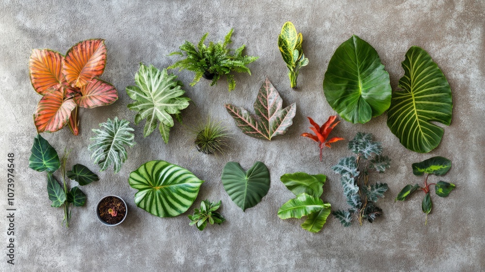 Exotic Plant Collection on Textured Wall, vibrant green leaves showcase diversity and beauty, arranged artistically to enhance interior aesthetics and bring nature indoors Exotic Plant Collection on Textured Wall, vibrant green leaves showcase diversity and beauty, arranged artistically to enhance interior aesthetics and bring nature indoors