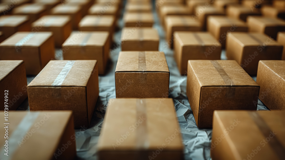 Fototapeta premium Row of brown cardboard boxes with white tape on the top