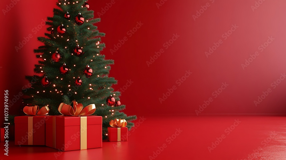 Festive Christmas Tree Decoration Ideas for Red Wall Backgrounds Image Festive Christmas Tree Decoration Ideas for Red Wall Backgrounds Image