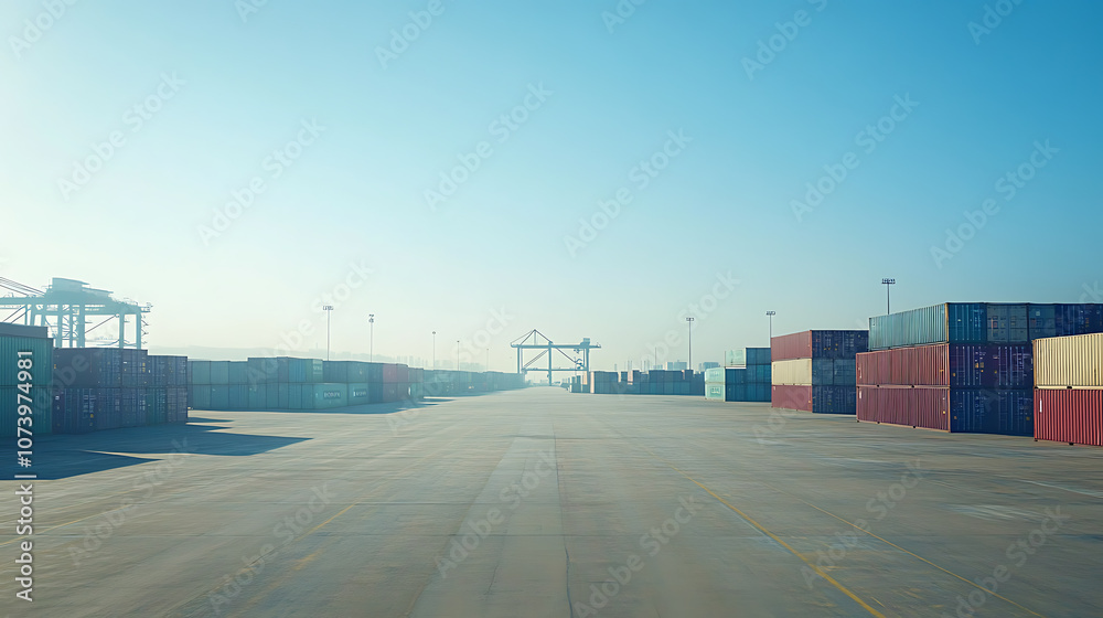 Obraz premium Container yard with a clear blue sky and ample ground space, focusing on global business logistics for freight carriers and cargo transportation