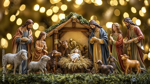 A beautifully crafted nativity scene with the figurines of Mary, Joseph, and baby Jesus in their manger, surrounded by animals