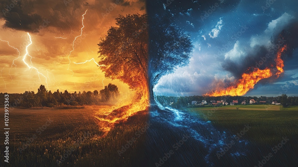 Fototapeta premium Contrasting weather patterns against a vast landscape depicting natural chaos and beauty