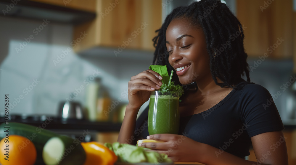 Woman Enjoying a Fresh Green Smoothie in a Kitchen Setting Woman Enjoying a Fresh Green Smoothie in a Kitchen Setting