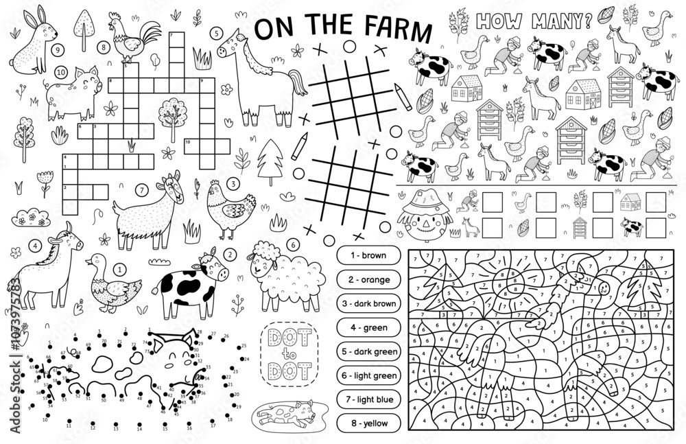 On the farm placemat with cute animals. Farm activity mat for kids with color by number, crossword, dot to dot, how many games. Vector illustration On the farm placemat with cute animals. Farm activity mat for kids with color by number, crossword, dot to dot, how many games. Vector illustration