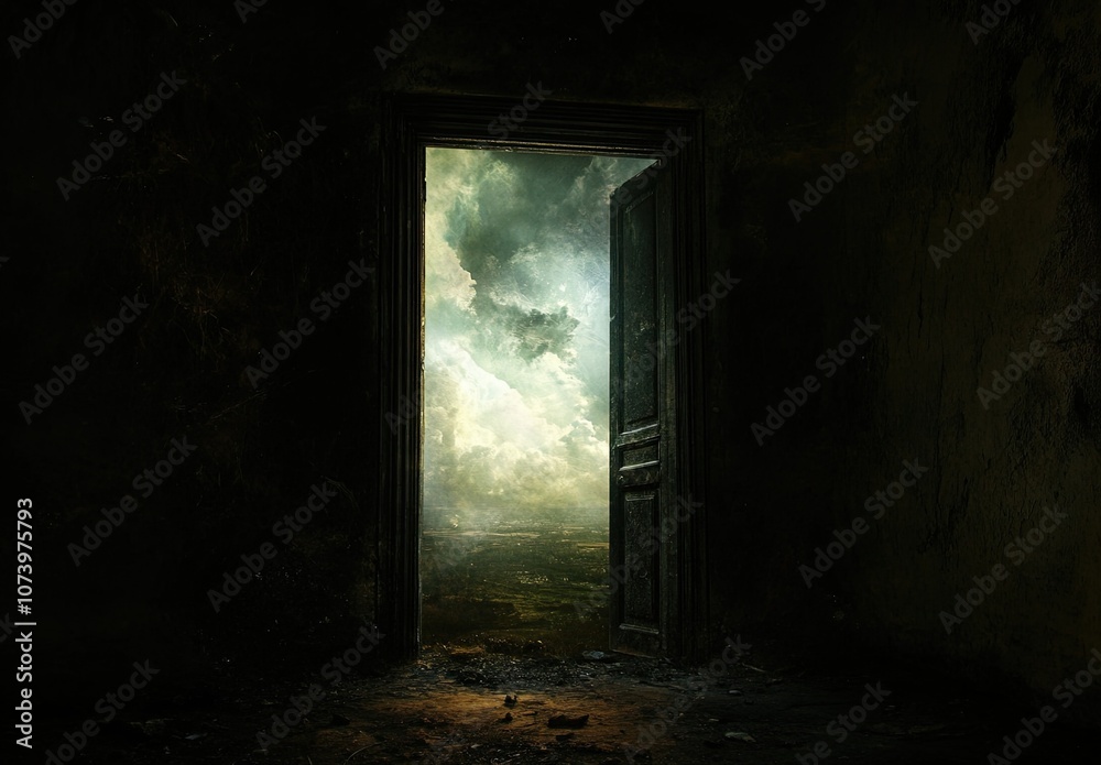 An open door leading to the sky, with light emanating from it and a dark background An open door leading to the sky, with light emanating from it and a dark background