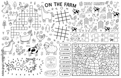 On the farm placemat with cute animals. Farm activity mat for kids with color by number, crossword, dot to dot, how many games. Vector illustration