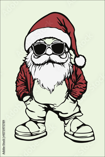 Christmas Gnome is a gangster wearing a red Christmas hat, red sweatshirt, sunglasses and sneakers. Hands in pockets. Illustration, outline stroke.