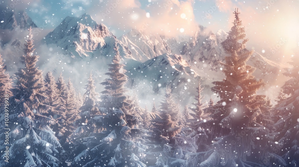 A mountain range with snow on the peaks and a bright sun in the sky. The mountains are covered in snow and the sun is shining brightly, creating a beautiful and serene atmosphere A mountain range with snow on the peaks and a bright sun in the sky. The mountains are covered in snow and the sun is shining brightly, creating a beautiful and serene atmosphere