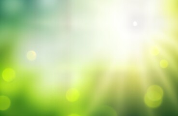 Green blurred nature background with bokeh lights. Abstract green foliage, sun flares, and defocused circles. Blurred landscape perfect for eco, nature, spring, growth, and Earth Day themes.