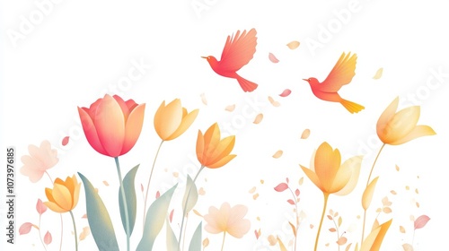 Vector illustration of flowers and leaves, tulips, digital art style, flat design, white background, vector graphics, bright colors, rich details, elegant lines, flowers in hand drawn style, flowers a