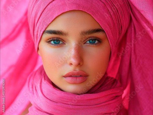 Woman with vibrant pink headscarf, symbolizing cancer awareness, strength, and resilience..