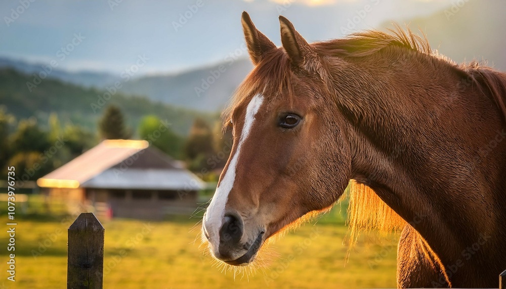 Naklejka premium horse head close up horse farm in the background rural landscape
