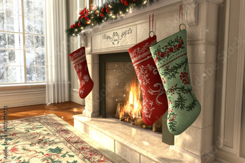 Christmas Stockings Hanging Over a Cozy Fireplace
