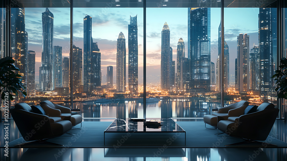 Fototapeta premium Stunning cityscape background ideal for online business meetings, featuring a corporate environment with neutral colors, perfect for professional virtual settings and enhancing video calls