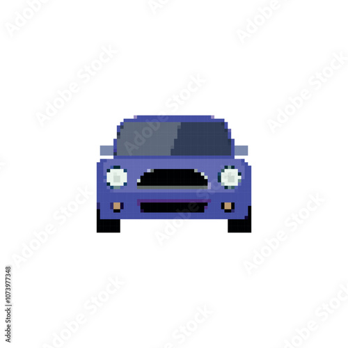 Pixelated sports car icon in front view. Retro pixel art sports car simple detailing vehicle retro design icon.