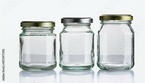 transparent glass jars with metal and open tops on isolated background