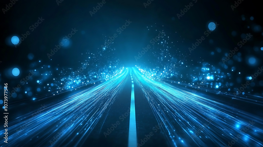 Abstract blue light trails on road data transfer speed and digitization concept motion blur background Abstract blue light trails on road data transfer speed and digitization concept motion blur background